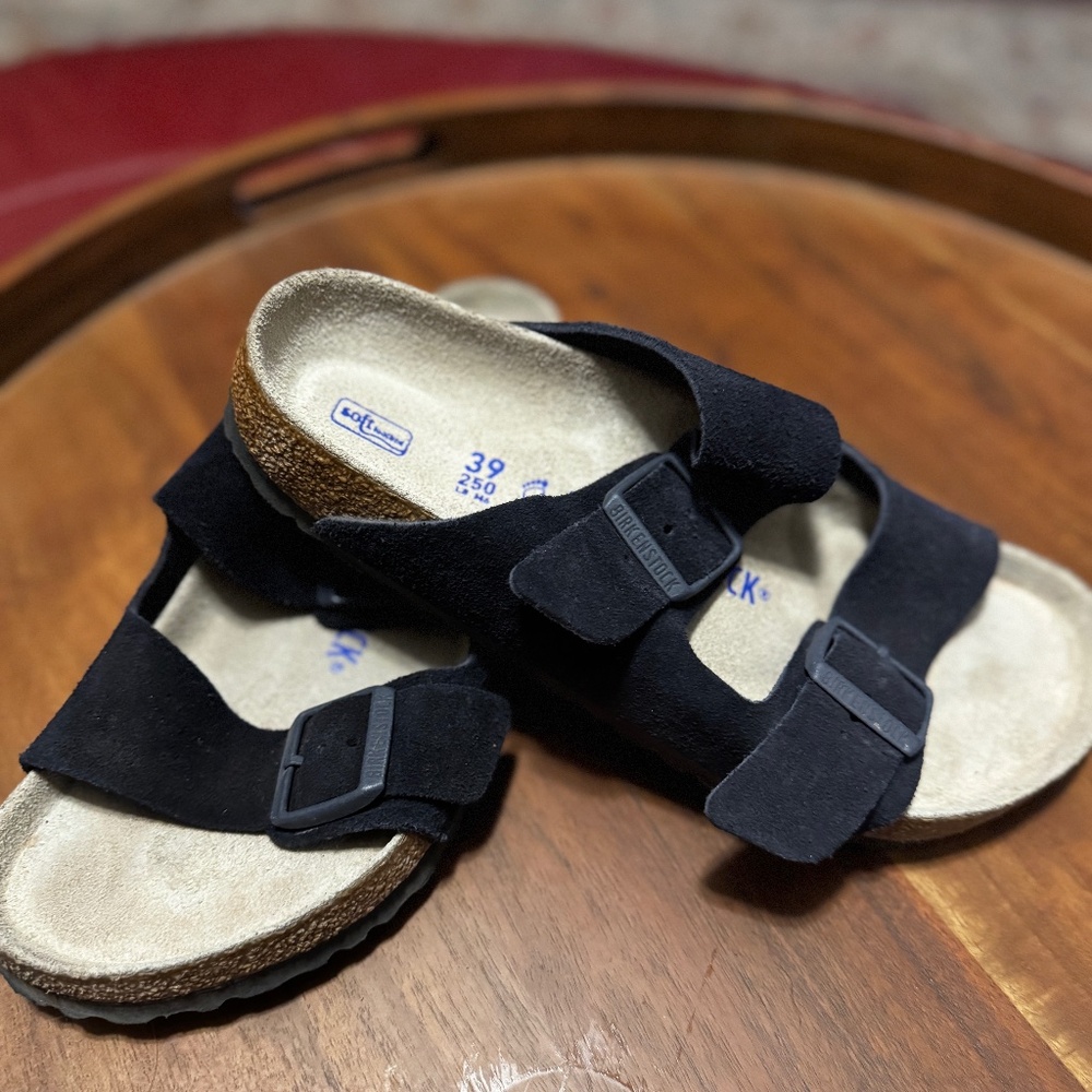 Birkenstock Navy leather Arizona 39 wide/normal soft footbed